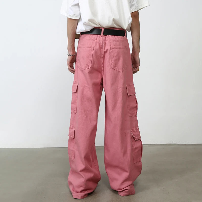 Bonsir Pink Cargo Jeans Pants Men Oversize Wide Leg Denim Trousers Male Loose Casual Japanese Streetwear Hip Hop Pocket