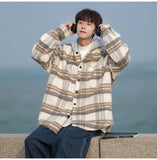 Bonsir Autumn/Winter New Woolen Plaid Loose Hooded Large Jacket Coat Fashion Men Clothing Daily Overcoat Handsome Unisex Parka