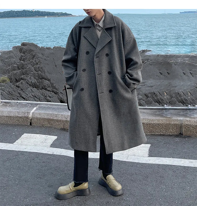 Bonsir Autumn/Winter Mid Length Woolen Coat Men's Thickened Windbreaker Overcoat Loose Large Handsome Parka Fashion Daily Men Clothing