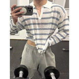 BONSIR  -  New Japanese Striped Male Polo Shirt Trendy Loose V Neck Knitted Long Sleeve T-shirt Casual Lazy Sports Fitness Basic Tops M-3XL