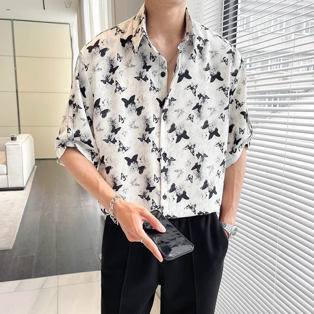 Bonsir Men's Korean Butterfly Printed Shirt Seaside Vacation Casual Tops Beach Clothing short-sleeved shirts youth personality tops