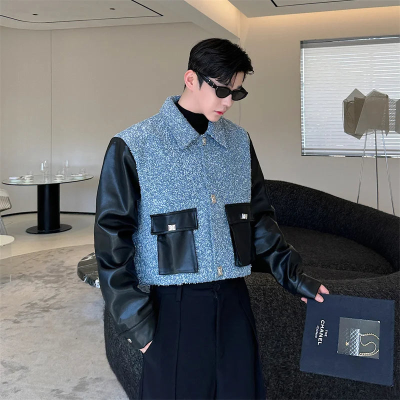 Bonsir Korean Style Patchwork Design Men's Short Coats Turn Down Collar Casual Loose Male Coats New Fashion 2024 Autumn Winter