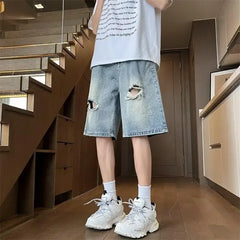 Bonsir American Style Ripped Men's Summer Thin Midwaist Versatile Loose-fit Straight-leg Denim Shorts Five-fourths Shorts