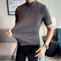 Bonsir Autumn High Quality Short Sleeve Knitted T Shirts  Men Slim Solid Pullovers Half Turtleneck Casual Stretched Tee Shirt Homme