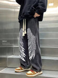 Bonsir Black Y2k Feathers Print Jeans Men Streetwear Straight Wide Leg Baggy Denim Pants Techwear Fashion Hip Hop Drawstring Sweatpants