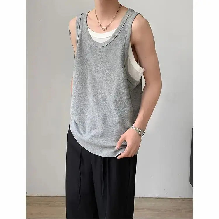 Bonsir Summer Thin Fake Two Casual Loose Men's Sports Outer Sleeveless Vest American Old Man Fitness Shirt Tops