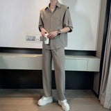 BONSIR  -  Summer Ice Silk Men's Suits Casual Short Sleeve Shirt And Pants Two-piece Set Ruffled  Handsome Draped Korean Style Loose Set