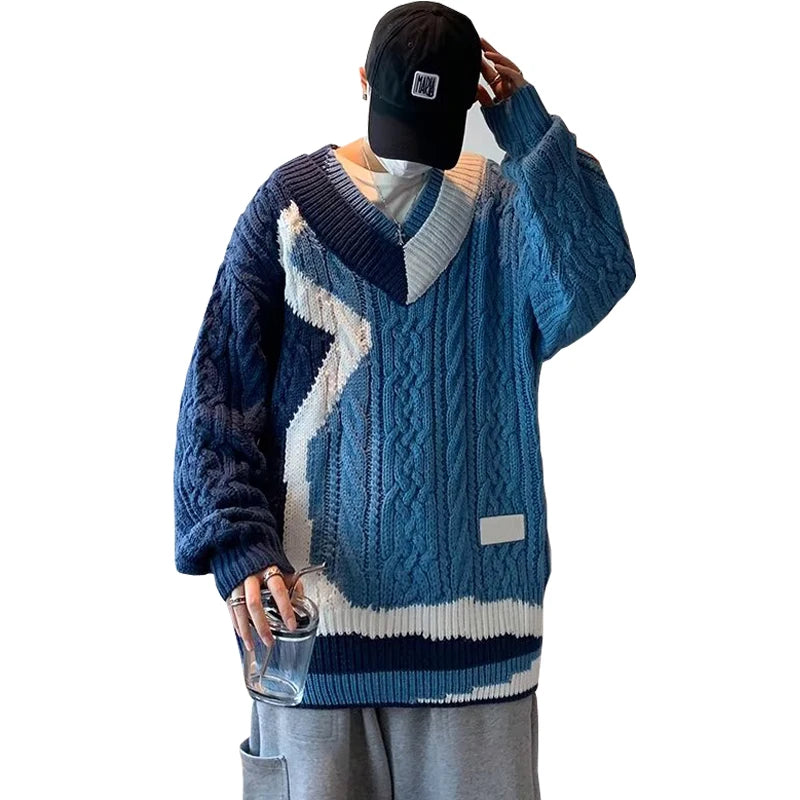 Bonsir Harajuku Mens Sweater Unisex Knitted Pullover V Neck Coat