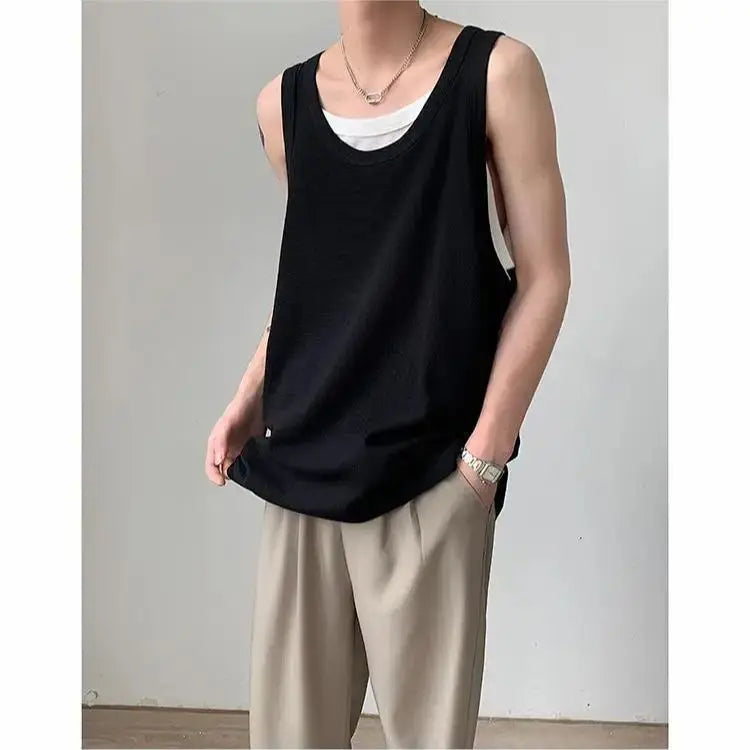 Bonsir Summer Thin Fake Two Casual Loose Men's Sports Outer Sleeveless Vest American Old Man Fitness Shirt Tops