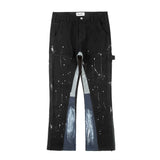 Bonsir High Street Spliced Speckled Ink Micro Flare Pants for Men Cleanfit Casual Washed Baggy Straight Denim Trousers Y2K Jeans