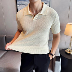 Bonsir Summer Hollow Knitted Short Sleeved Polo shirt Mens Elasticity Mesh Casual T Shirt Male V Neck Slim Fit Breathable Polo Shirt