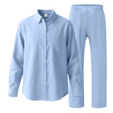 BONSIR  -  Summer Casual Mens Linen Two Piece Suits Leisure Breathable Long Sleeve Shirt And Trousers Men Outfits Fashion Solid Color Sets