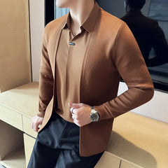 Bonsir Spring Autumn New Fake 2 Pieces Knitted Cardigan Traceless Shirt Collar Spliced Casual Pullovers Fashion Men Slim Sweater Coats