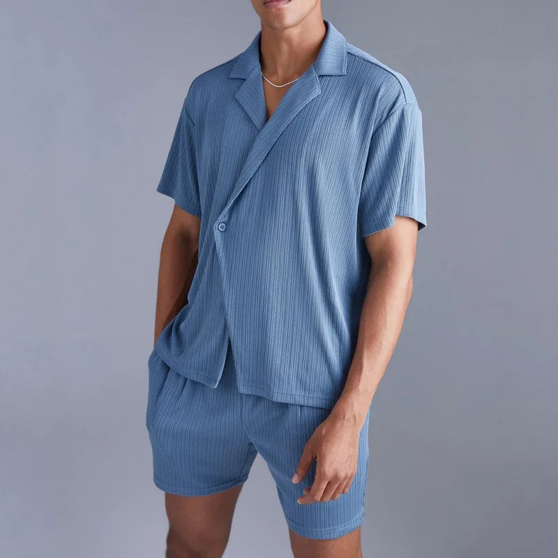 BONSIR  -  Trendy Buttoned Lapel Shirts And Shorts Mens Two Piece Sets Spring Summer Beach Casual Breathable Thin Solid Color Shirt Outfit