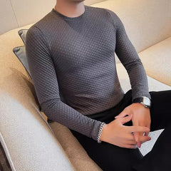 Bonsir Autumn Men's Long Sleeve T-shirt Korean Style Slim Fit Elastic Solid Color Pullover Trendy  Round Neck Versatile T-shirts