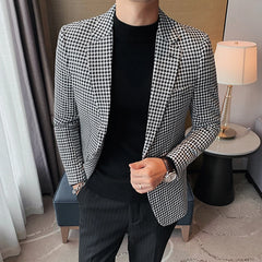 Bonsir British Style Slim Fit Houndstooth Blazer Men Fashion Business Office Wedding Dress Suit Jacket High Quality Male Blazers