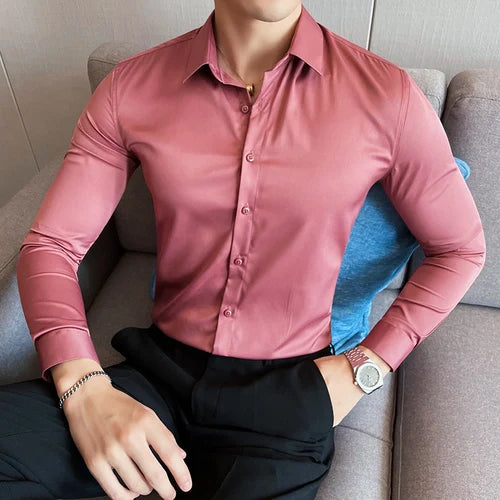 Bonsir 10Color High Quality Solid Dress Shirt Men Simple Long Sleeve Slim Fit Business Shirts Homme Social Casual Shirt Plus Size 5XL-M