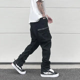 Bonsir Streetwear Retro White Black Pleated Tapered Jeans Side Pockets Zipper Hem Casual Jeans Baggy Men's Fashion Straight Denim Pants