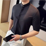 Bonsir High Quality Metal Buttons Decor Half Sleeve Shirts Summer New Men Slim Fit Casual Social Business Blouse Homme