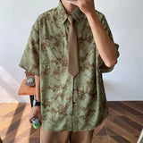 BONSIR  -  Japanese Retro Men Shirt Hong Kong Style Floral Male Short Sleeved Blouse Summer Loose Collar Tie Design Cardigan Blusas