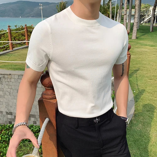 Bonsir British Style Summer Ice Silk Short Sleeve Knitted T Shirts Men Simple Pure Color O-Neck Casual Slim Tee Shirt Top Homme M-3XL