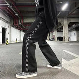 Bonsir Men and women hip-hop street trend straight leg personalized plaid design elastic waist tied jeans retro loose casual pants y2k