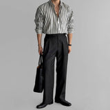 BONSIR  -  New Naples Business Men Shirts Light Luxury Textured Lapel Striped Long Sleeve Cardigan Leisure Premium Commuter Blouse M-2XL