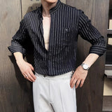 BONSIR  -  Spring Autumn Stretchable Men Shitrs Stand Collar Single-breasted Long Sleeve Men's Striped Shirt Fashion Handsome Streetwear
