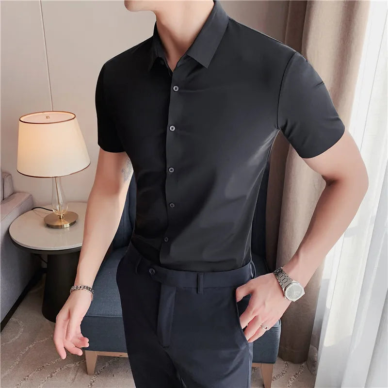 Bonsir 6 Colors Summer Ice Silk No Trace High Elasticity Shirt Men High Quality Short Sleeve Slim Fit Casual Business Dress Shirt 4XL-M