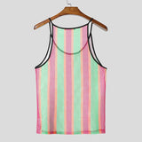 BONSIR  -  Men Tank Tops Striped Colorful See Through Mesh Male Vests Summer Sexy O-neck Sleeveless Fashion Men Clothing Tops 2025
