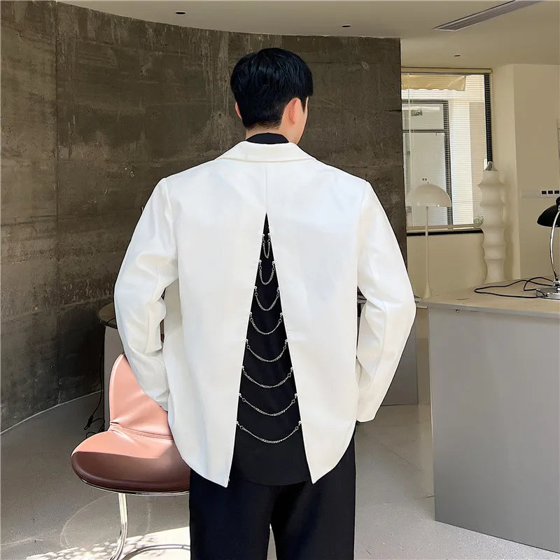 Bonsir Back Split Suit Jacket Men Solid Color Metal Chain Decor Blazer Spring Chic Loose Casual Black Male Handsome Stylish Blazers