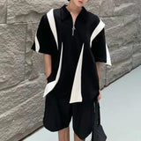 Bonsir Mens Polo Shirt Y2k Black White Contrast Half-Zip T Shirt Fashion Casual Personality Streetwear All-Match Tops Men'S Clothing