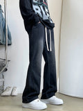BONSIR  -  Fashion Patchwork Men's Bootcut Jeans Elastic Waist Drawstring Denim Pants High Street Classic Light Blue Black Male Trousers