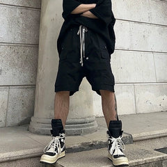 Bonsir Multi-pockets Drawstring Black Cargo Pants for Men Streetwear Baggy Casual Knee Lenght Pants Oversized Loose Cargo