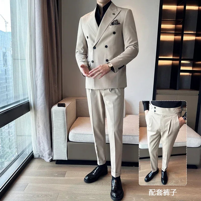 Bonsir (Jackets+Pants) Luxury Double Breasted Design Slim Fit Suit High Quality Fashion Men's Wedding Social Suit Tuxedo 2 Piece Set