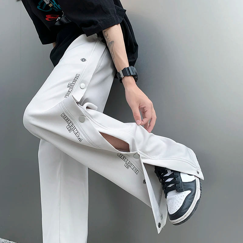 Bonsir Harajuku Wide Leg Sweatpants Men Loose Side Buttons Sports Elastic Waist Letter Print Men Women Summer Thin Track Trousers