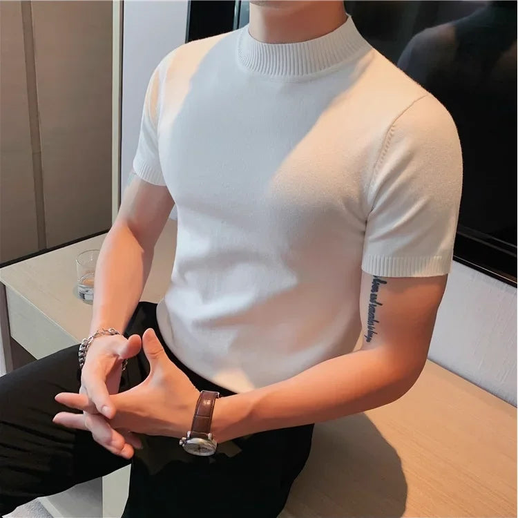 Bonsir Autumn Short Sleeve Sweater For Men High Quality Fashion Solid Slim Fit Pullovers Half High Neck Elastic Knitted Casual T Shirt