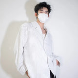 BONSIR  -  White Long Sleeved Shirt Men Fashion Society Mens Dress Shirt Korean Loose Blue Striped Shirt Mens Double Breasted Casual Shirt