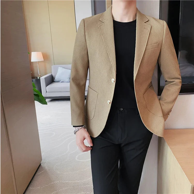 Bonsir Plus Size 4XL-M Autumn New Waffle Suit Jacket Men Two Buttons Slim Fit Business Casual Blazers Homme Formal Groom Prom Tuxedo