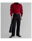 BONSIR  -  Burgundy thin corduroy shirt men's flip double patch pocket high-end mature long-sleeved red shirt men Autumn clothes