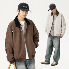 Bonsir Thickened suede jacket men's autumn and winter corduroy lapel splicing trendy brand retro loose coat