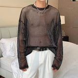 BONSIR  -  Tops Mens Sexy Transparent Glitter Mesh T Shirts Fashion Long Sleeve O Neck See Through Basic Tops Men Streetwear Tees