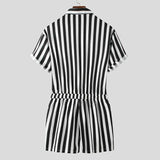 BONSIR  -  Men's Striped Rompers Streetwear Fashion Casual Playsuits Short Sleeve Button Lapel Jumpsuits Drawstring Boxers Shorts Bodysuits