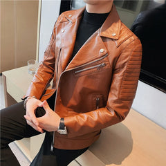 Bonsir Autumn New Oblique Zipper Motorcycle Leather Jacket Men Brand Short Slim Fit Lapel Pu Leather Coat Jackets Streetwear 4XL-M