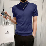 Bonsir Summer Thin Knitted T-shirt Half High Collar Men Pullover Slim Business Social T Shirt Solid Color Men Sweater Streetwear