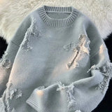 BONSIR  -  Men New Retro Hole Fringed Sweater Y2k Streetwear Sweater Loose Versatile Knitwear Pullovers Long Sleeve Jumpers Clothing