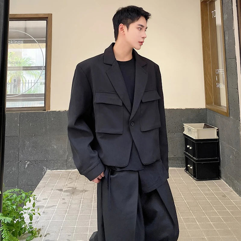 Bonsir Men Korean Slim Style Short Lapel Coat Suit Blazer Personality Threedimensional Pocket Solid Color Handsome Jacket