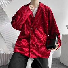 Bonsir -  Chic Menswear Red Pleuche Blazers New Loose Notched Double Breasted Suit Jacket Autum Winter Loose fit Coat D0722