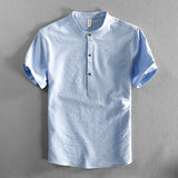 BONSIR  -  Men's Casual Cotton Shirt Short Sleeve Blouse Tops Summer Botton Pinstripe Holiday Shirt Comfortable Handsome Men Henley Shirt