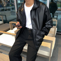 Bonsir Mens Y2k Loose Leather Jacket Fashion Trend Heavy Pu Motorcycle Mens Tops New Autumn And Winter Elegant Handsome Casual Jacket